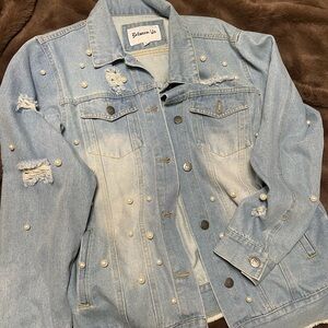 Light Blue Denim Jacket with Pearl Accents